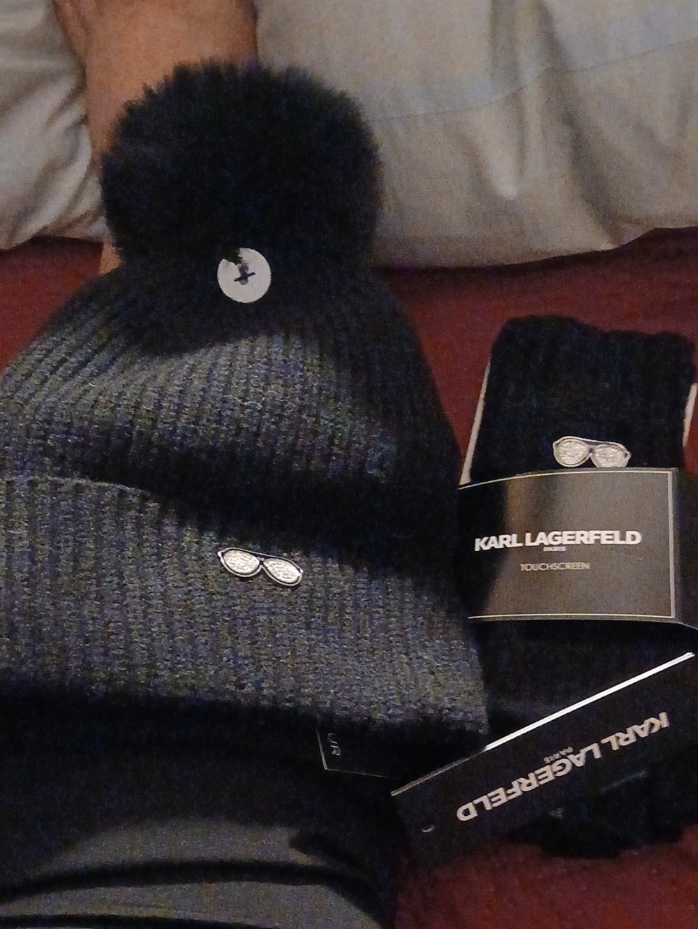 Karl Lagerfeld Black Ribbed Beanie with Logo Sunglasses Pin, And Gloves